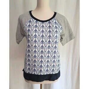 J.Crew Short Raglan Sleeve Sweatshirt Pullover Gray Blue Woven Front Size S